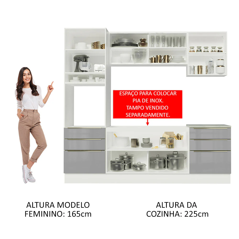 Armário de Cozinha Completa 240 x 60 cm Branco/Cinza Lux Madesa 02 - Image 5