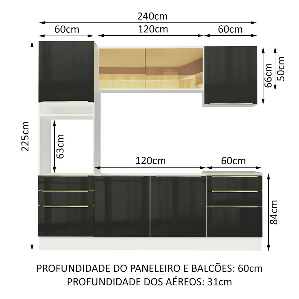 Armário de Cozinha Completa 240 x 60 cm Branco/Preto Lux Madesa 02 - Image 3