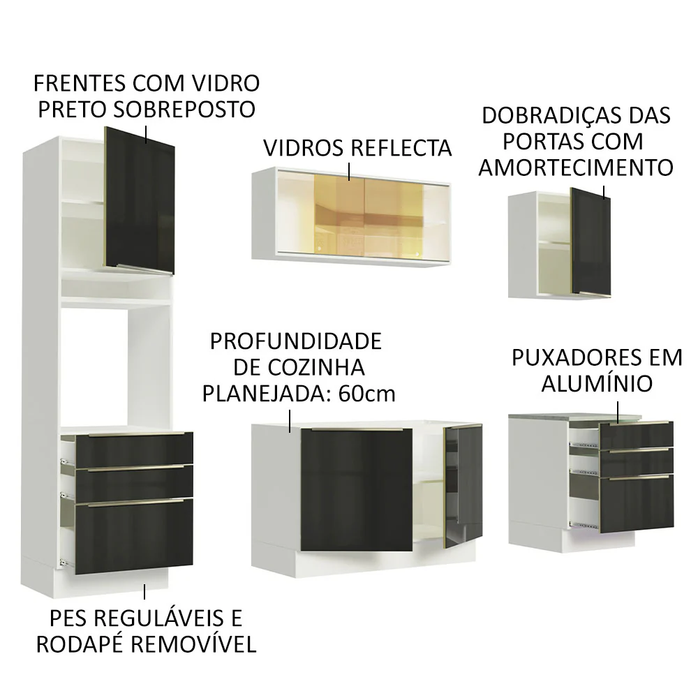 Armário de Cozinha Completa 240 x 60 cm Branco/Preto Lux Madesa 02 - Image 4