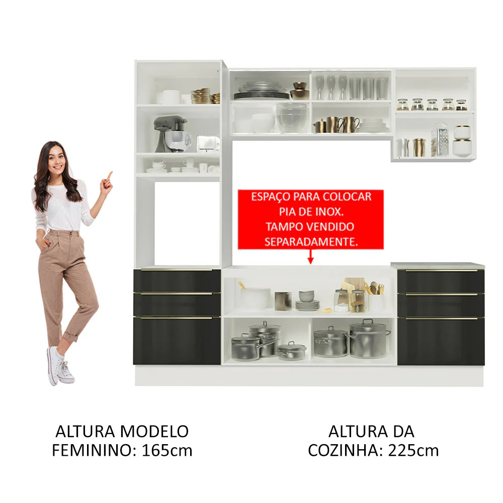 Armário de Cozinha Completa 240 x 60 cm Branco/Preto Lux Madesa 02 - Image 5
