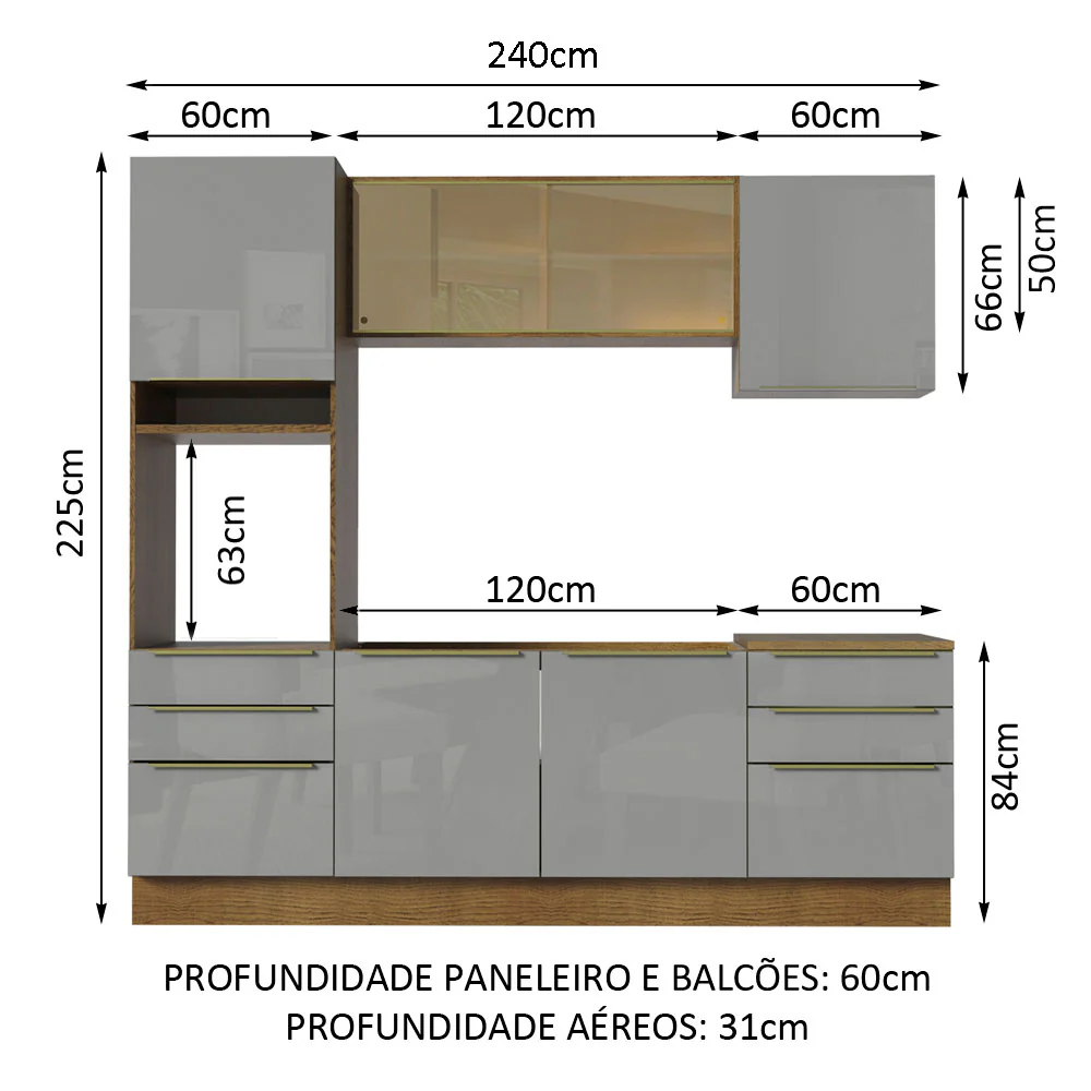 Armário de Cozinha Completa 240 x 60 cm Rustic/Cinza Lux Madesa 02 - Image 3