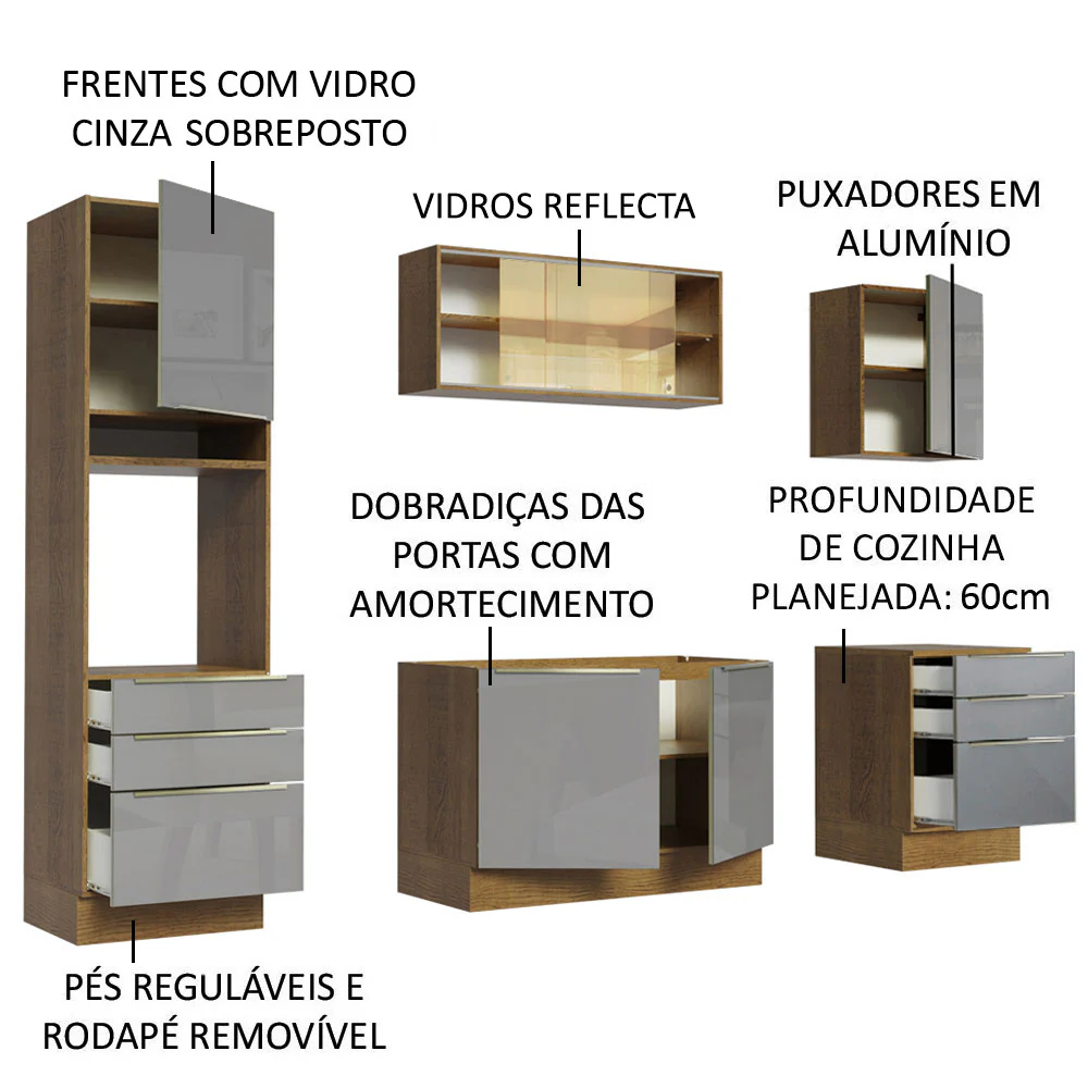 Armário de Cozinha Completa 240 x 60 cm Rustic/Cinza Lux Madesa 02 - Image 4