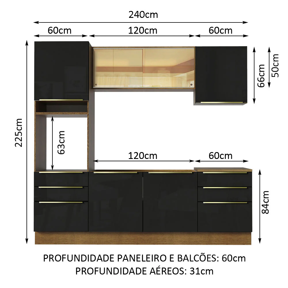 Armário de Cozinha Completa 240 x 60 cm Rustic/Preto Lux Madesa 02 - Image 3