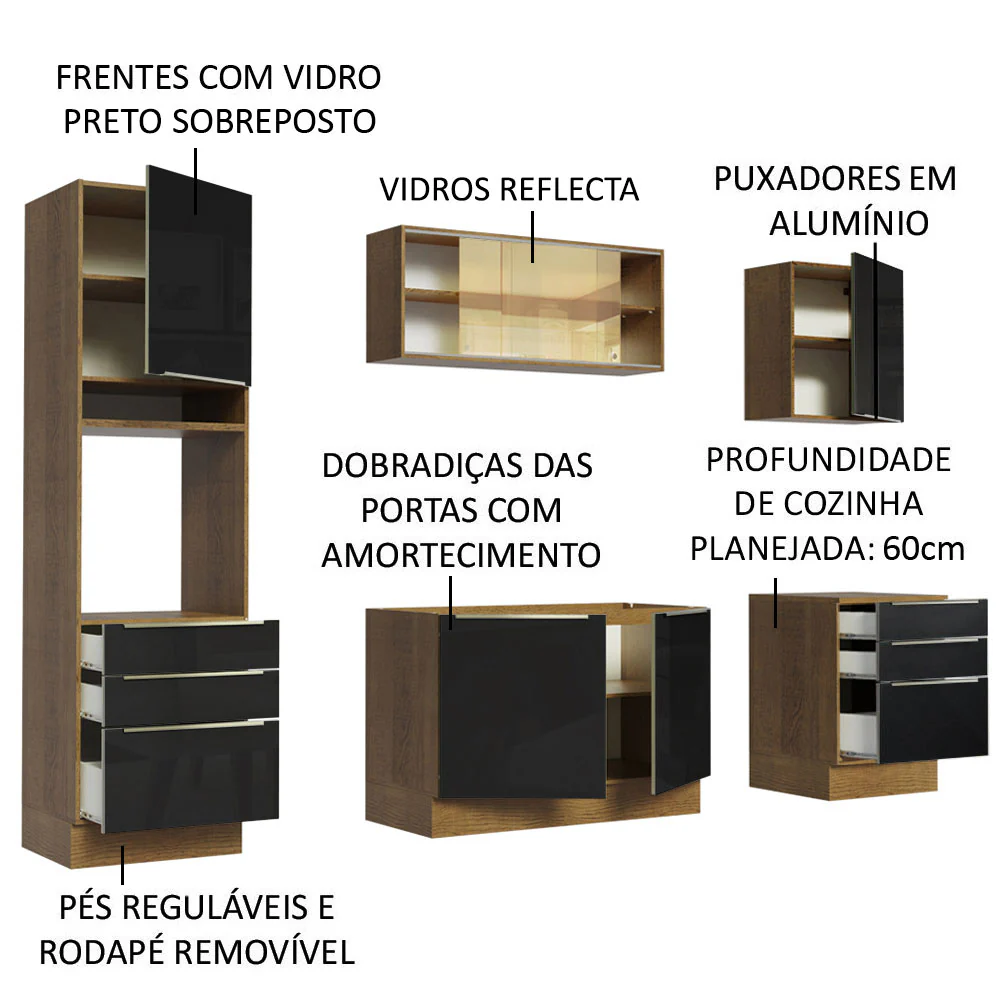 Armário de Cozinha Completa 240 x 60 cm Rustic/Preto Lux Madesa 02 - Image 4