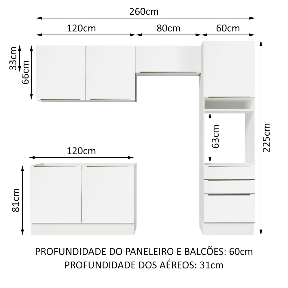 Armário de Cozinha Completa 260 x 60 cm Branco Branco Veludo Lux Madesa 05 - Image 3