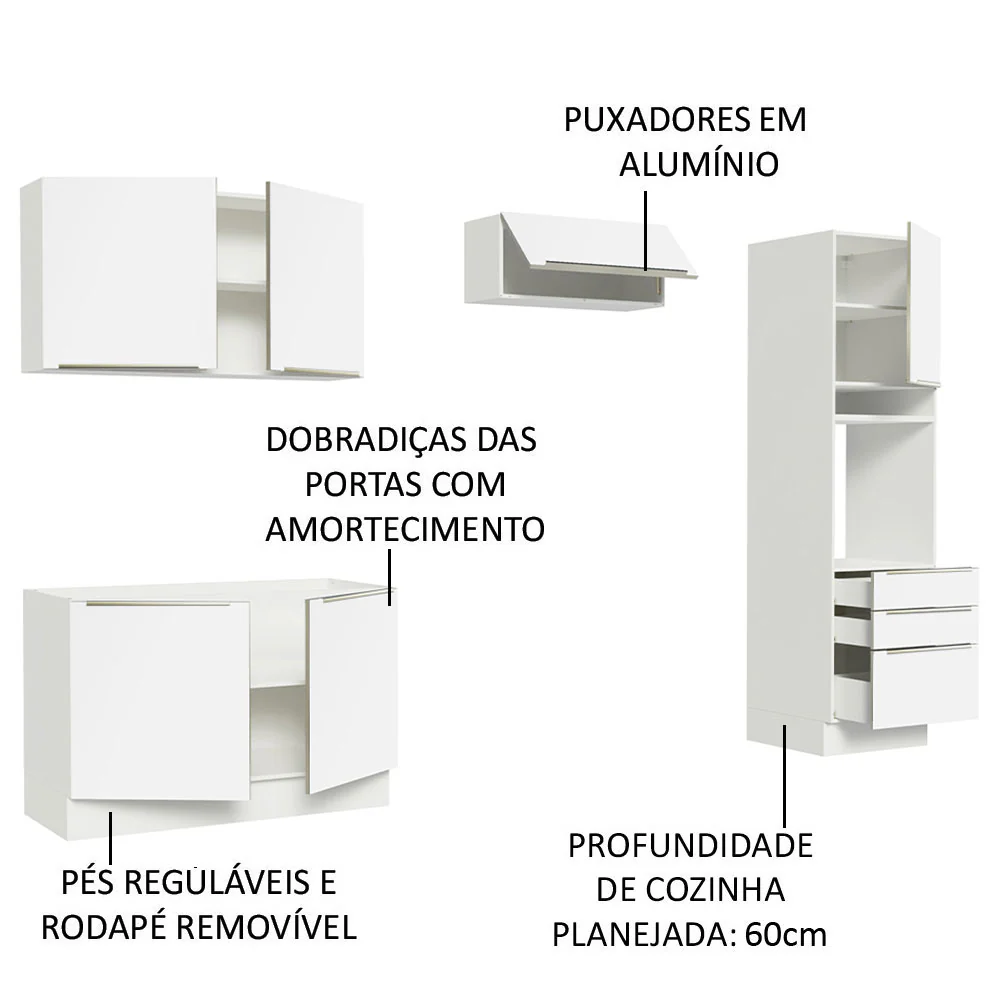 Armário de Cozinha Completa 260 x 60 cm Branco Branco Veludo Lux Madesa 05 - Image 4