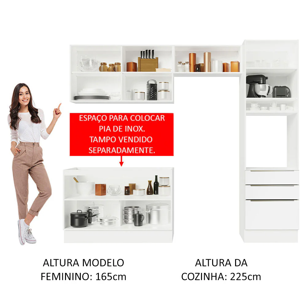 Armário de Cozinha Completa 260 x 60 cm Branco Branco Veludo Lux Madesa 05 - Image 5