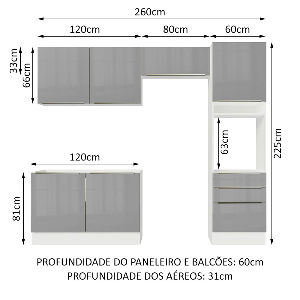 Armário de Cozinha Completa 260 x 60 cm Branco/Cinza Lux Madesa 05 - Image 3