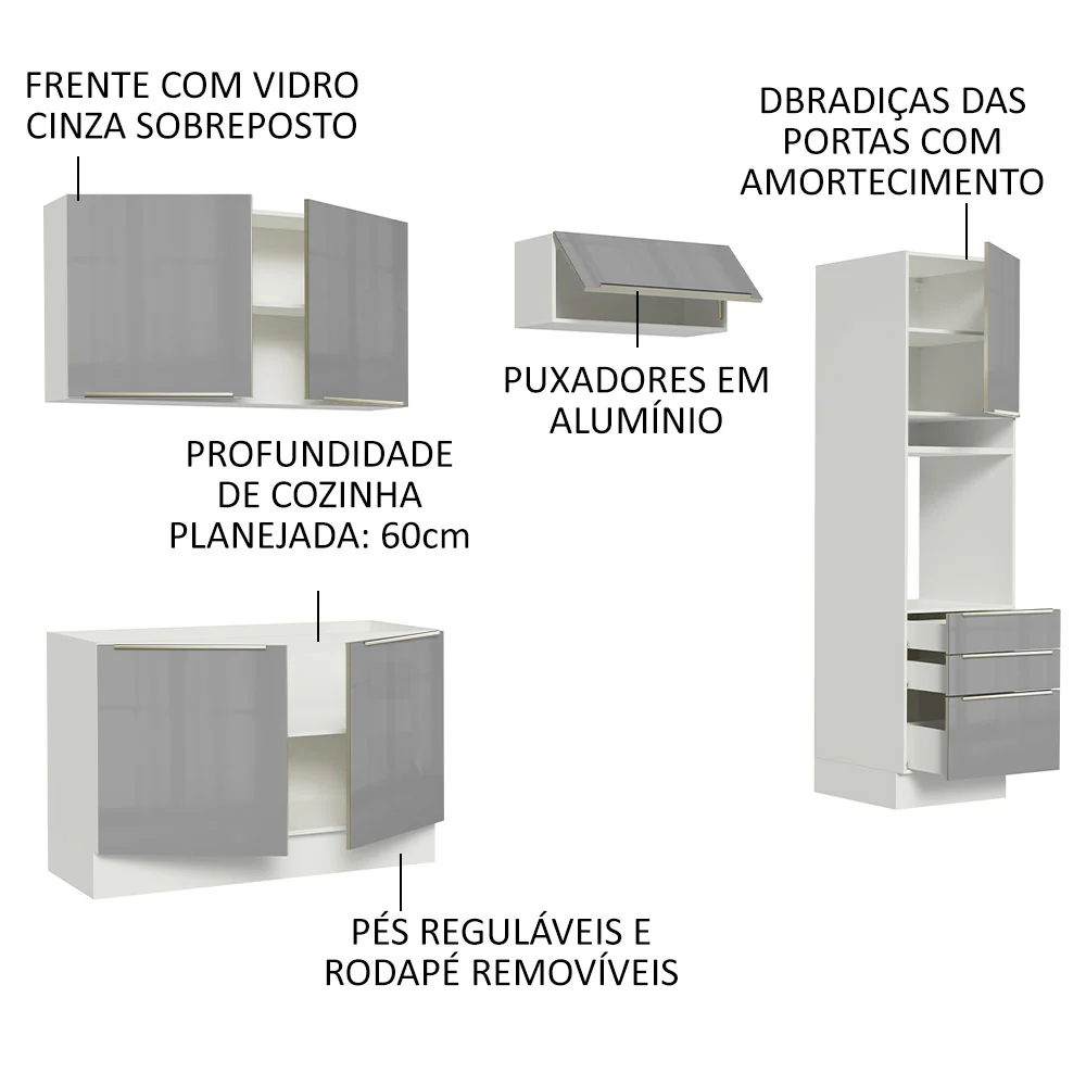 Armário de Cozinha Completa 260 x 60 cm Branco/Cinza Lux Madesa 05 - Image 4