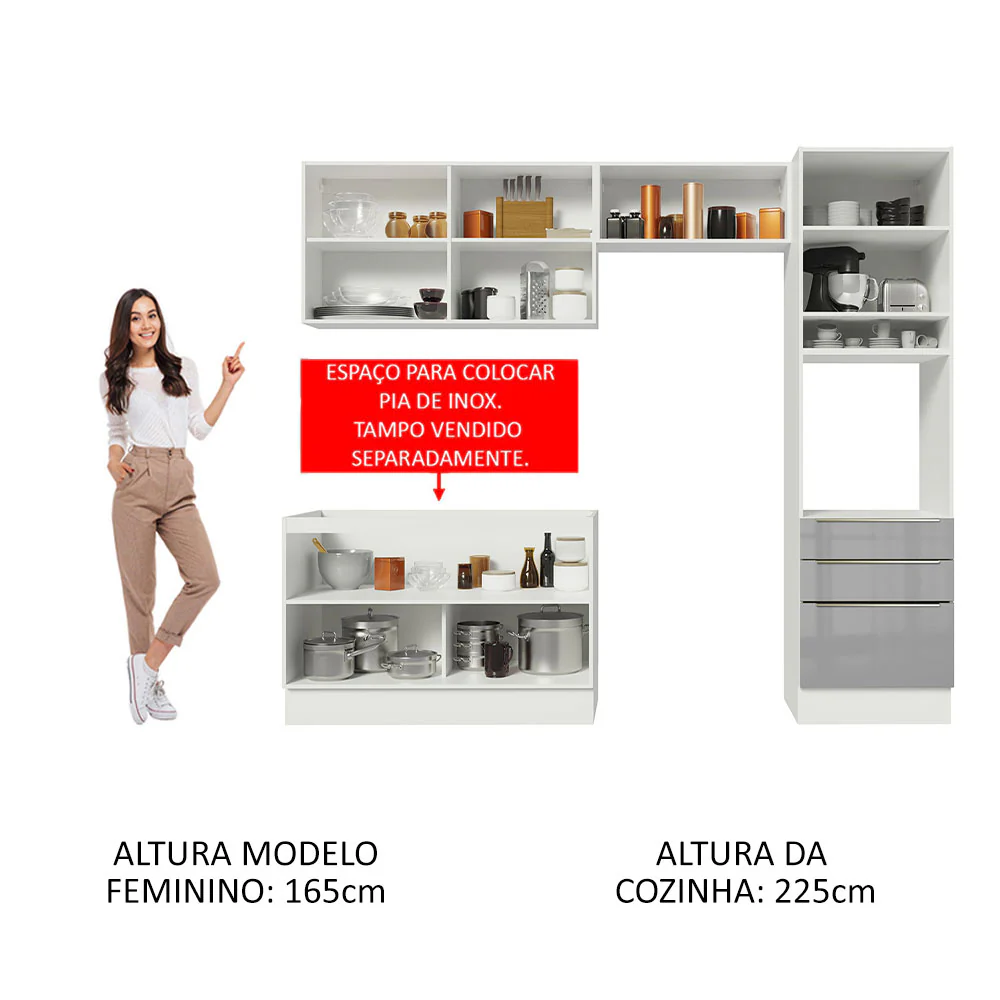 Armário de Cozinha Completa 260 x 60 cm Branco/Cinza Lux Madesa 05 - Image 5