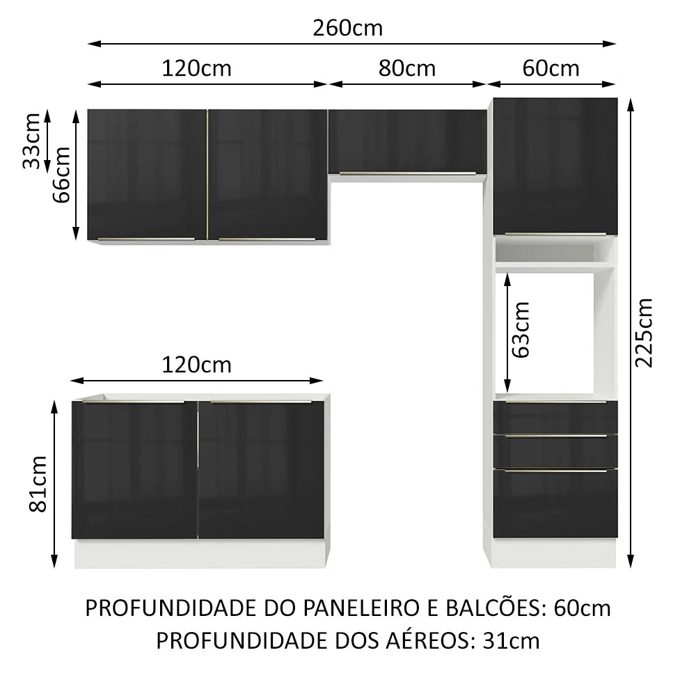 Armário de Cozinha Completa 260 x 60 cm Branco/Preto Lux Madesa 05 - Image 3