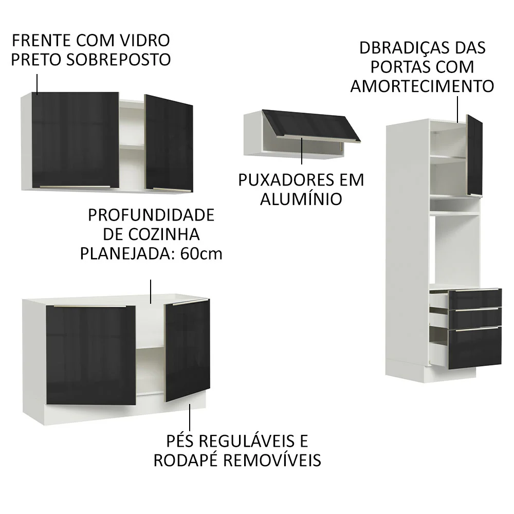 Armário de Cozinha Completa 260 x 60 cm Branco/Preto Lux Madesa 05 - Image 4