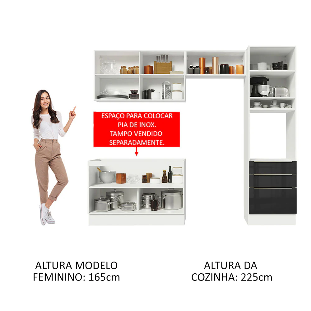 Armário de Cozinha Completa 260 x 60 cm Branco/Preto Lux Madesa 05 - Image 5