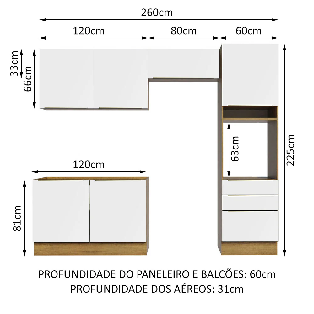 Armário de Cozinha Completa 260 x 60 cm Rustic Branco Veludo Lux Madesa 05 - Image 3