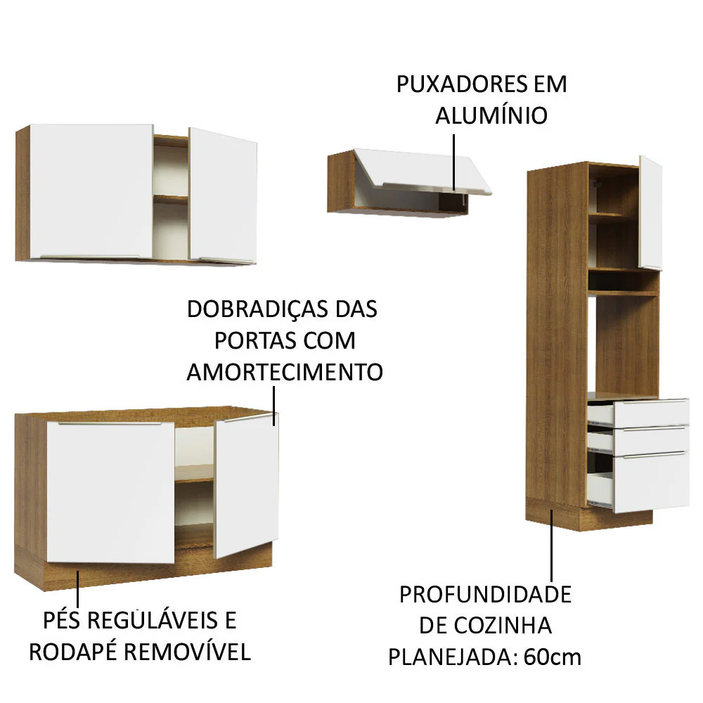 Armário de Cozinha Completa 260 x 60 cm Rustic Branco Veludo Lux Madesa 05 - Image 4