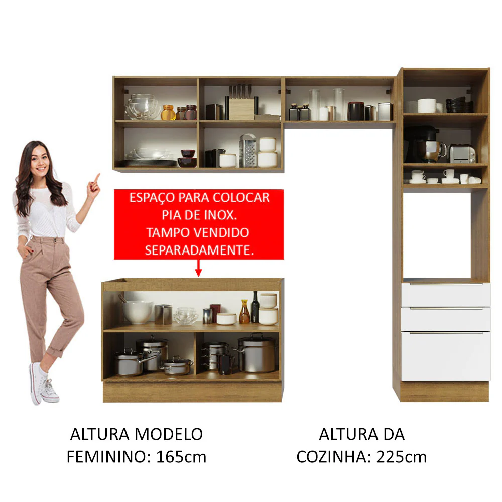 Armário de Cozinha Completa 260 x 60 cm Rustic Branco Veludo Lux Madesa 05 - Image 5