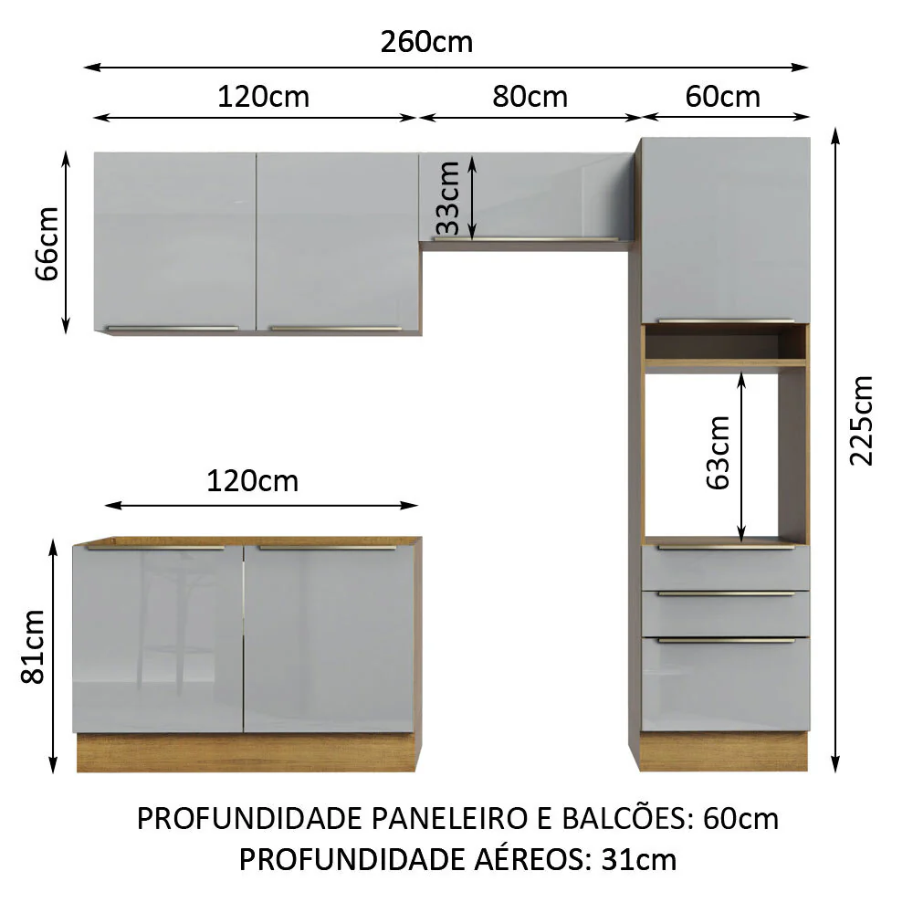 Armário de Cozinha Completa 260 x 60 cm Rustic/Cinza Lux Madesa 05 - Image 3