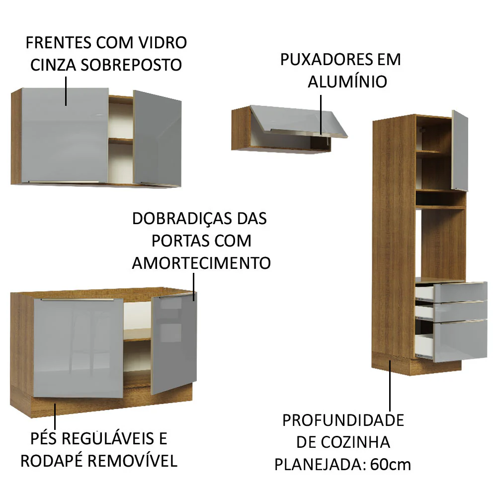 Armário de Cozinha Completa 260 x 60 cm Rustic/Cinza Lux Madesa 05 - Image 4