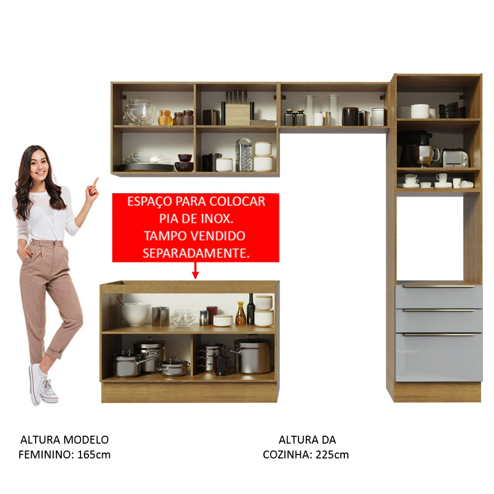 Armário de Cozinha Completa 260 x 60 cm Rustic/Cinza Lux Madesa 05 - Image 5