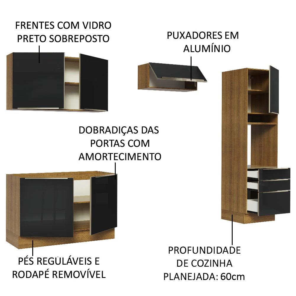 Armário de Cozinha Completa 260 x 60 cm Rustic/Preto Lux Madesa 05 - Image 4