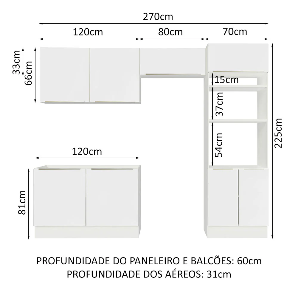 Armário de Cozinha Completa 270 x 60 cm Branco Branco Veludo Lux Madesa 01 - Image 3