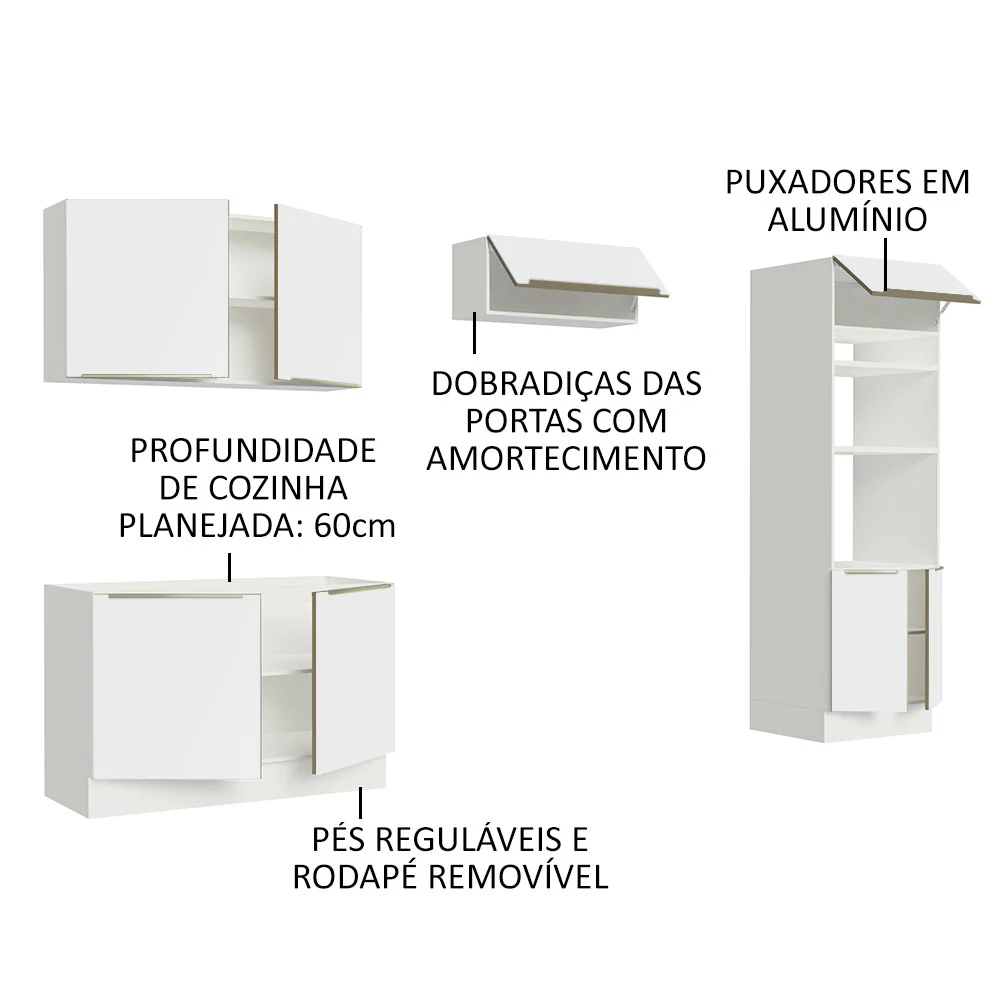 Armário de Cozinha Completa 270 x 60 cm Branco Branco Veludo Lux Madesa 01 - Image 4