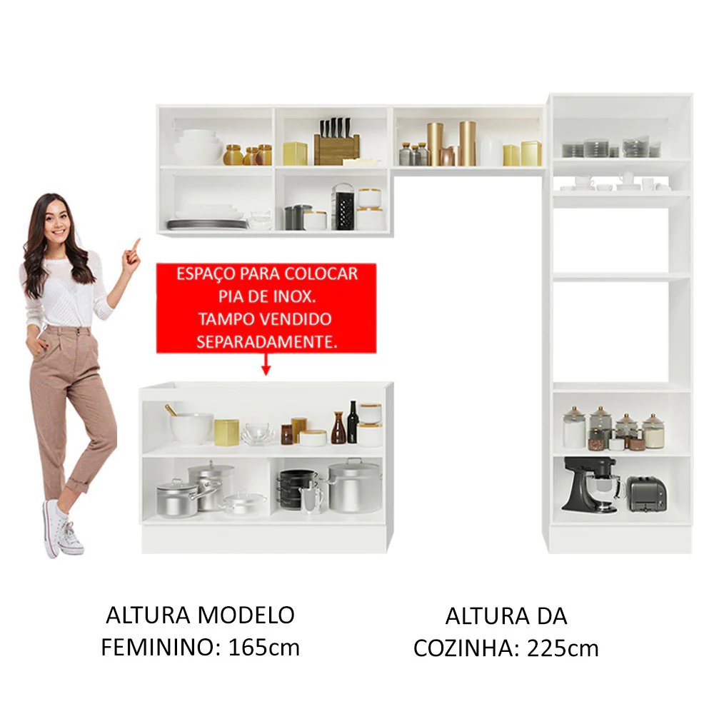 Armário de Cozinha Completa 270 x 60 cm Branco Branco Veludo Lux Madesa 01 - Image 5