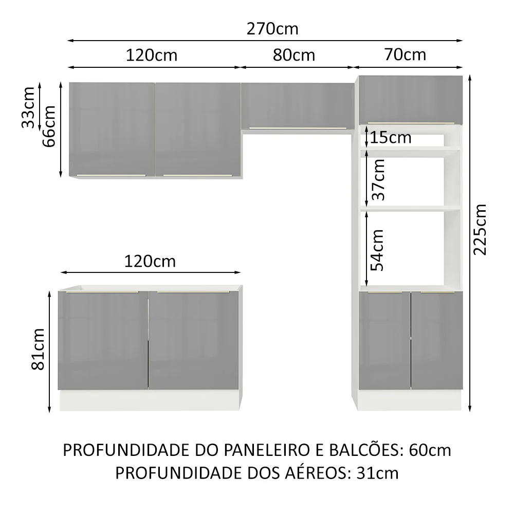 Armário de Cozinha Completa 270 x 60 cm Branco Cinza Lux Madesa 01 - Image 3