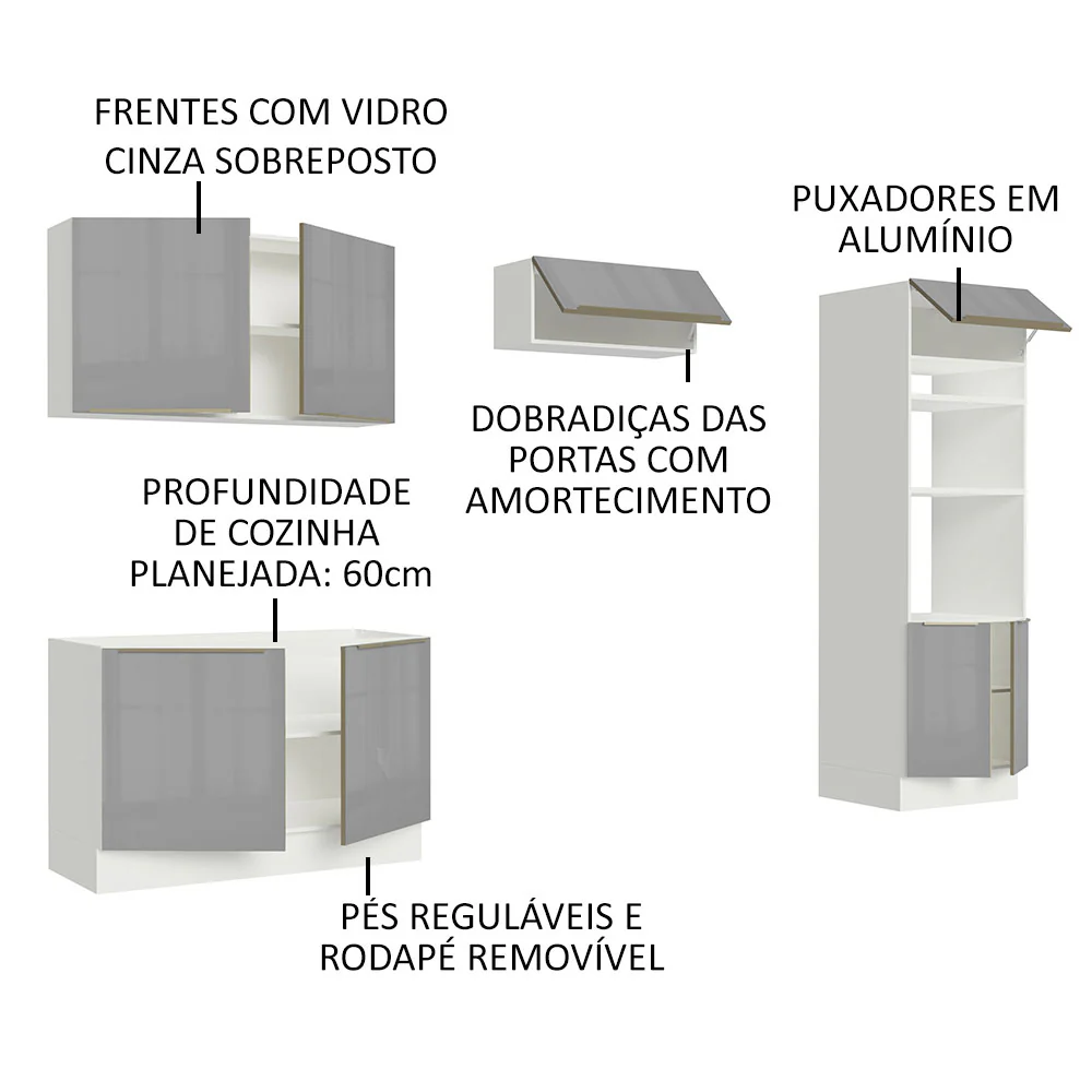 Armário de Cozinha Completa 270 x 60 cm Branco Cinza Lux Madesa 01 - Image 4