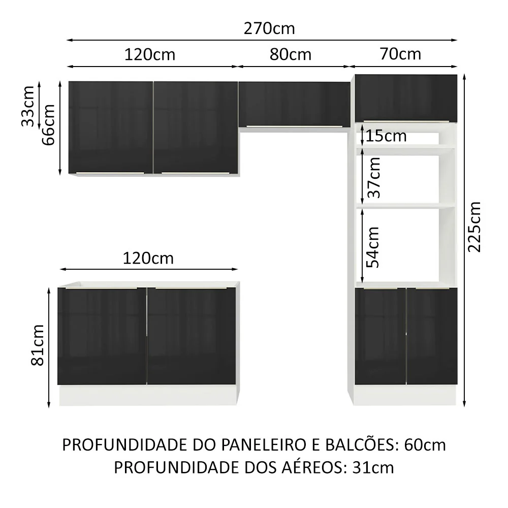 Armário de Cozinha Completa 270 x 60 cm Branco Preto Lux Madesa 01 - Image 3