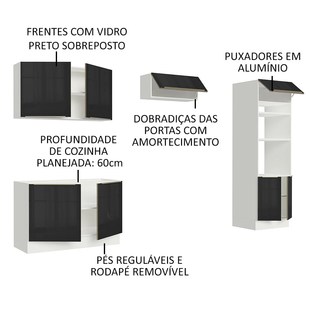 Armário de Cozinha Completa 270 x 60 cm Branco Preto Lux Madesa 01 - Image 4