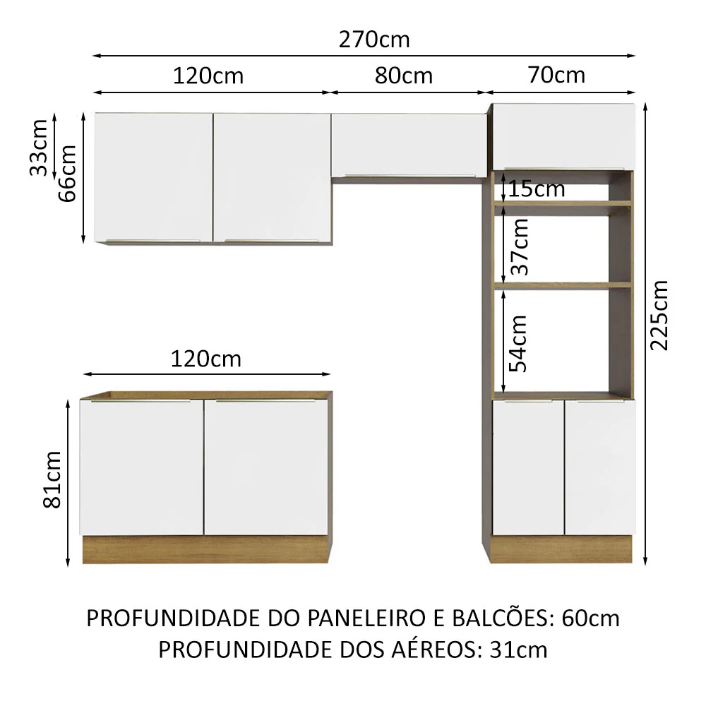 Armário de Cozinha Completa 270 x 60 cm Rustic Branco Veludo Lux Madesa 01 - Image 3