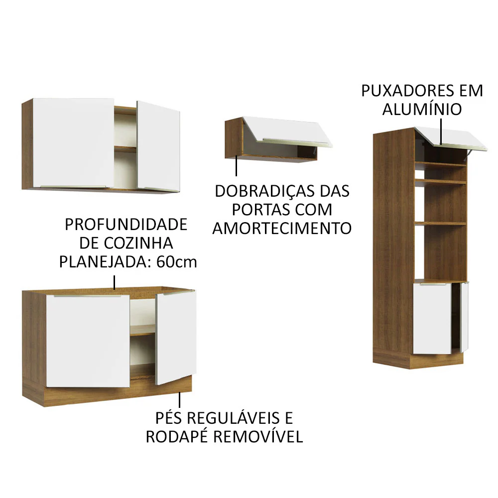 Armário de Cozinha Completa 270 x 60 cm Rustic Branco Veludo Lux Madesa 01 - Image 4