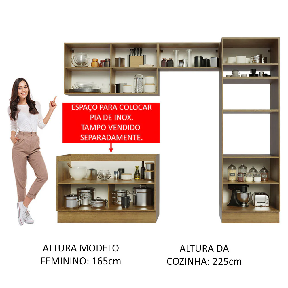 Armário de Cozinha Completa 270 x 60 cm Rustic Branco Veludo Lux Madesa 01 - Image 5