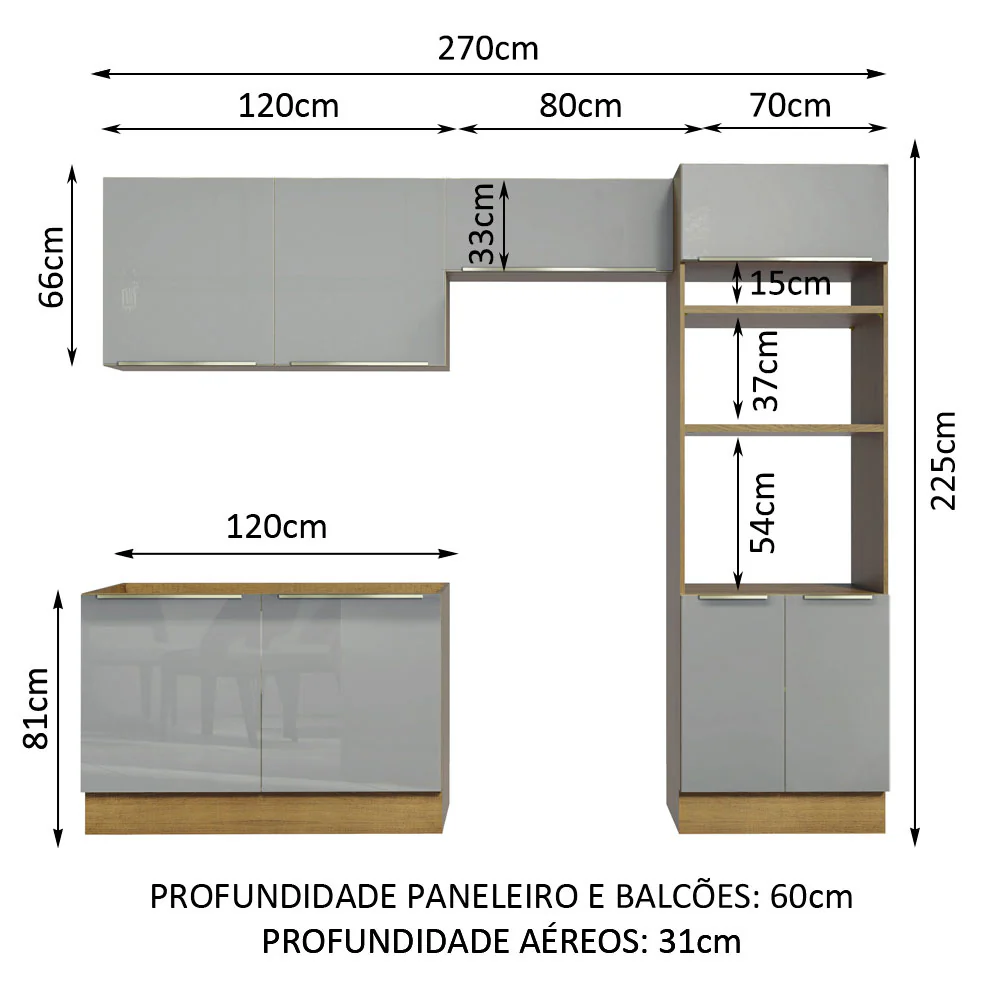 Armário de Cozinha Completa 270 x 60 cm Rustic/Cinza Lux Madesa 01 - Image 3