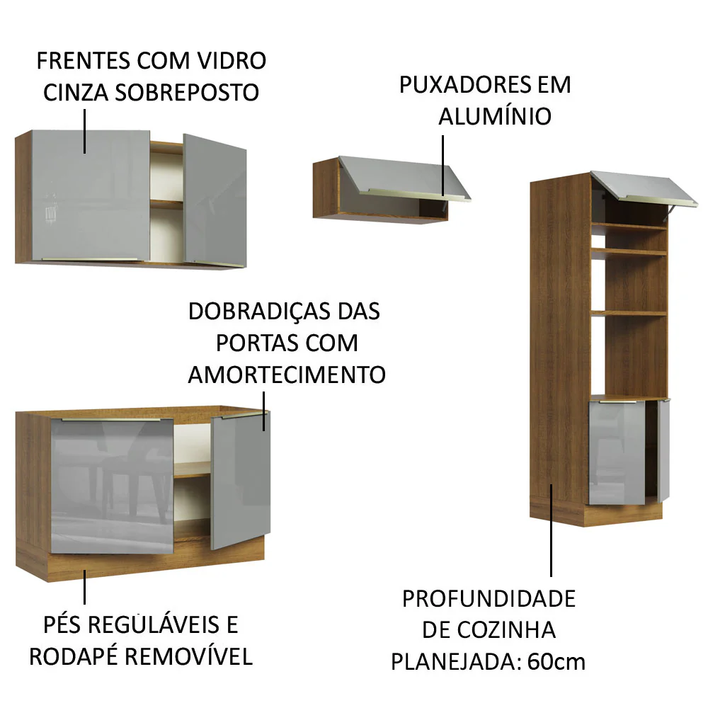 Armário de Cozinha Completa 270 x 60 cm Rustic/Cinza Lux Madesa 01 - Image 4