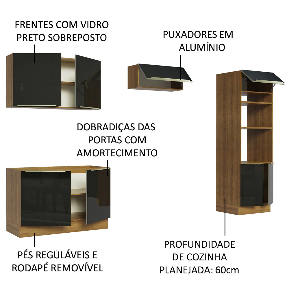Armário de Cozinha Completa 270 x 60 cm Rustic/Preto Lux Madesa 01 - Image 4
