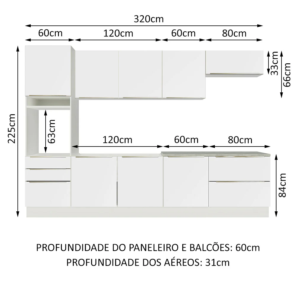 Armário de Cozinha Planejada 320 x 60 cm Branco Branco Veludo Lux Madesa 04 - Image 3