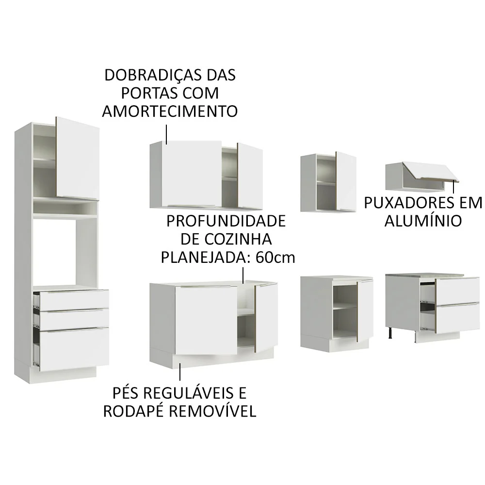 Armário de Cozinha Planejada 320 x 60 cm Branco Branco Veludo Lux Madesa 04 - Image 4