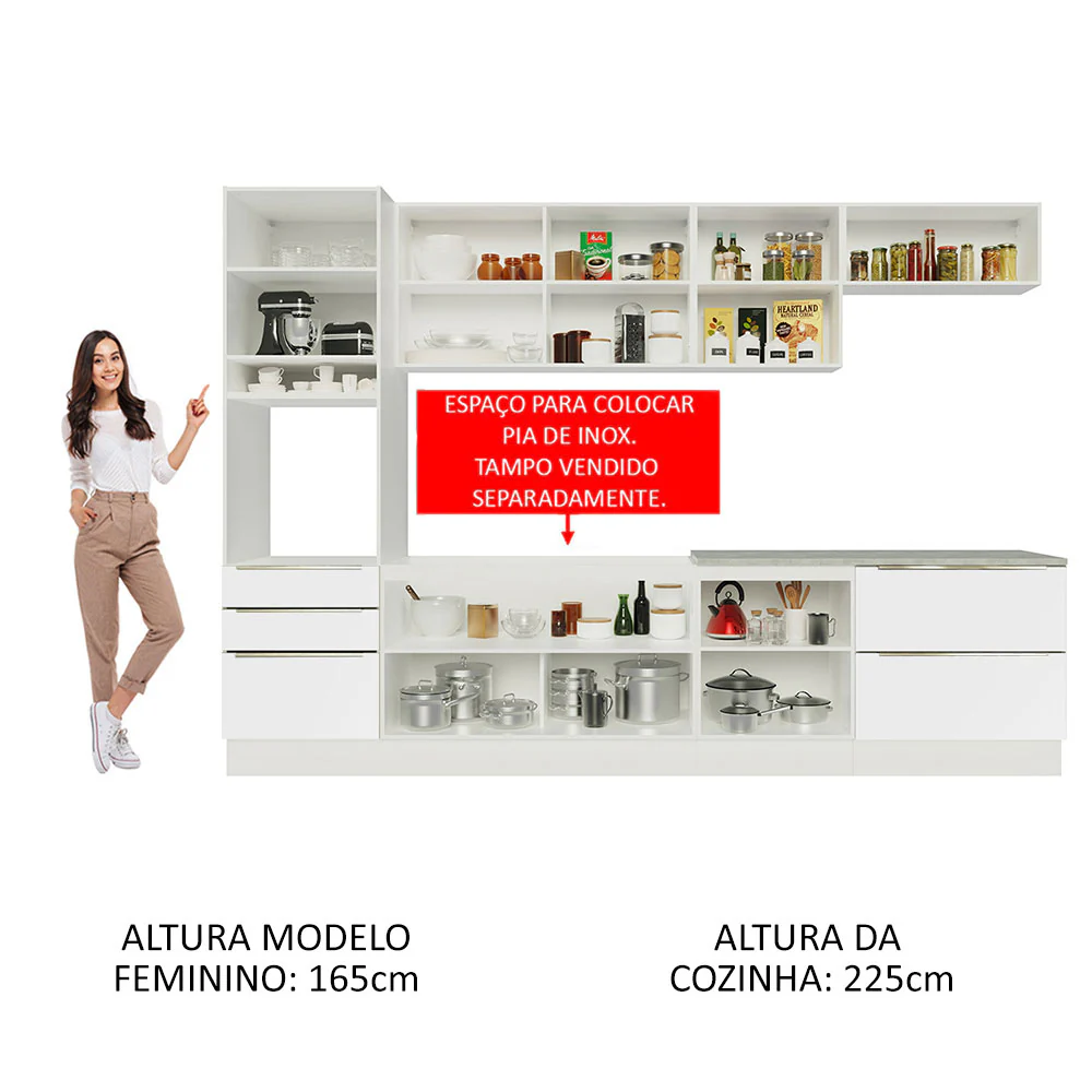Armário de Cozinha Planejada 320 x 60 cm Branco Branco Veludo Lux Madesa 04 - Image 5