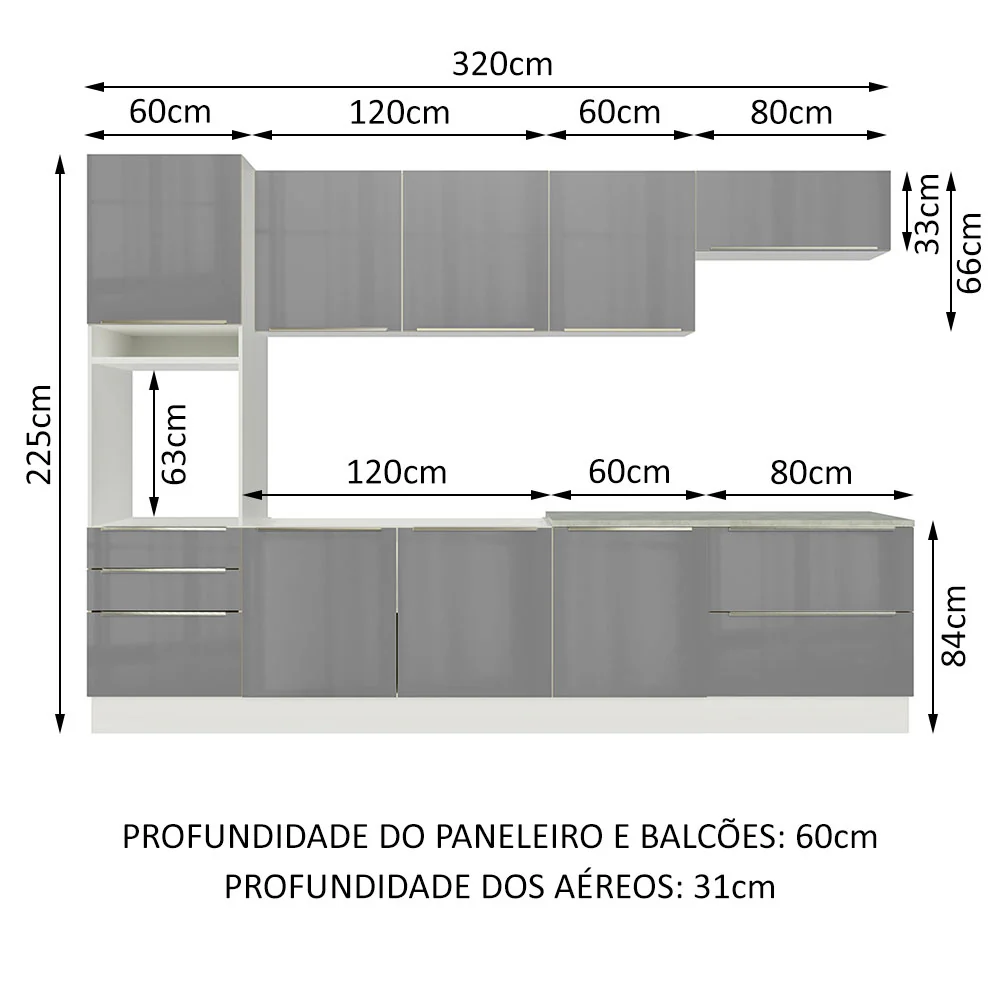 Armário de Cozinha Planejada 320 x 60 cm Branco/Cinza Lux Madesa 04 - Image 3