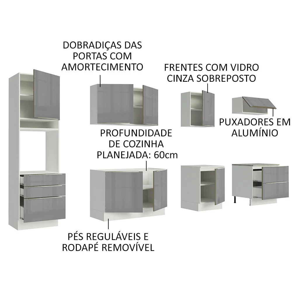 Armário de Cozinha Planejada 320 x 60 cm Branco/Cinza Lux Madesa 04 - Image 4