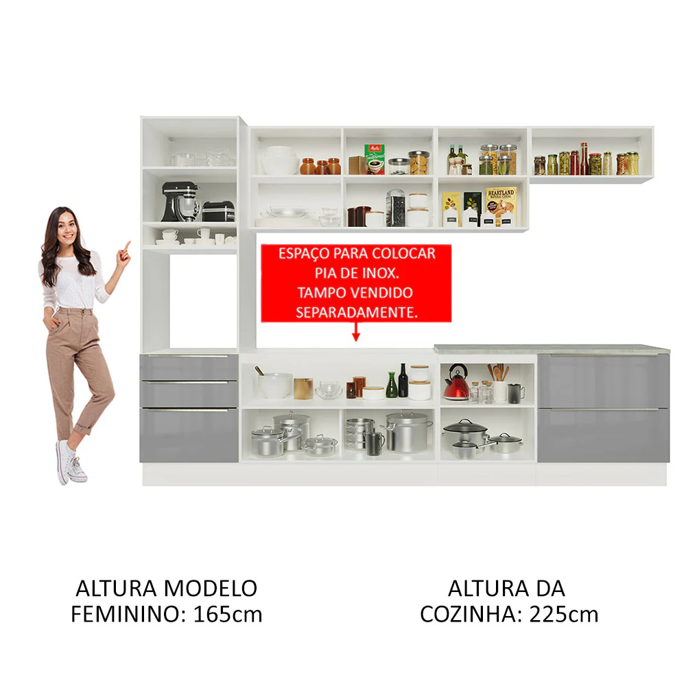 Armário de Cozinha Planejada 320 x 60 cm Branco/Cinza Lux Madesa 04 - Image 5