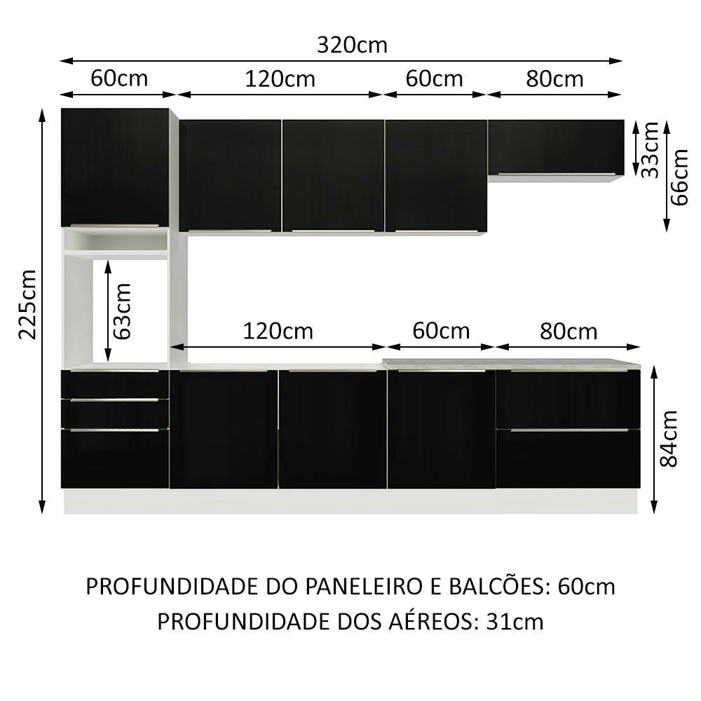 Armário de Cozinha Planejada 320 x 60 cm Branco/Preto Lux Madesa 04 - Image 3
