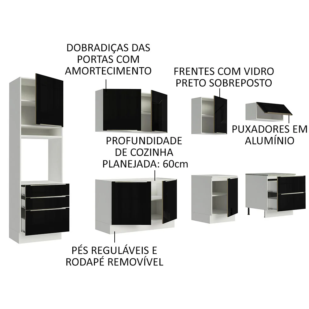 Armário de Cozinha Planejada 320 x 60 cm Branco/Preto Lux Madesa 04 - Image 4