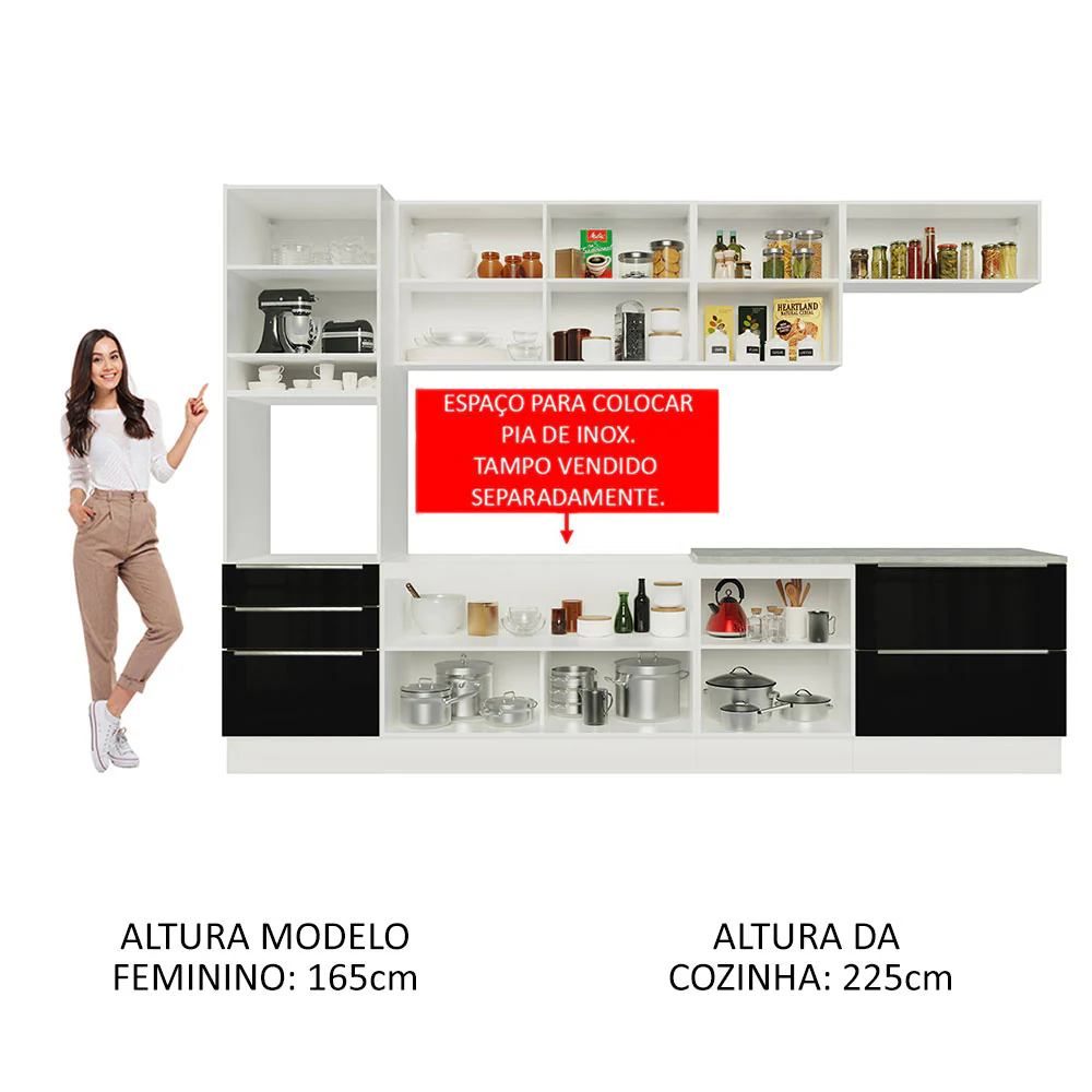 Armário de Cozinha Planejada 320 x 60 cm Branco/Preto Lux Madesa 04 - Image 5