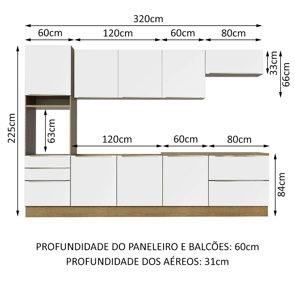 Armário de Cozinha Planejada 320 x 60 cm Rustic Branco Veludo Lux Madesa 04 - Image 3