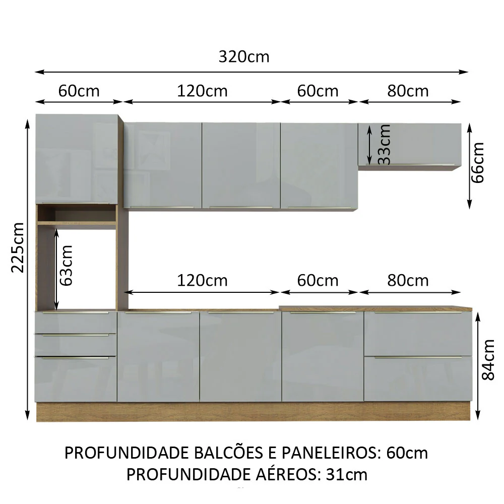 Armário de Cozinha Planejada 320 x 60 cm Rustic/Cinza Lux Madesa 04 - Image 3