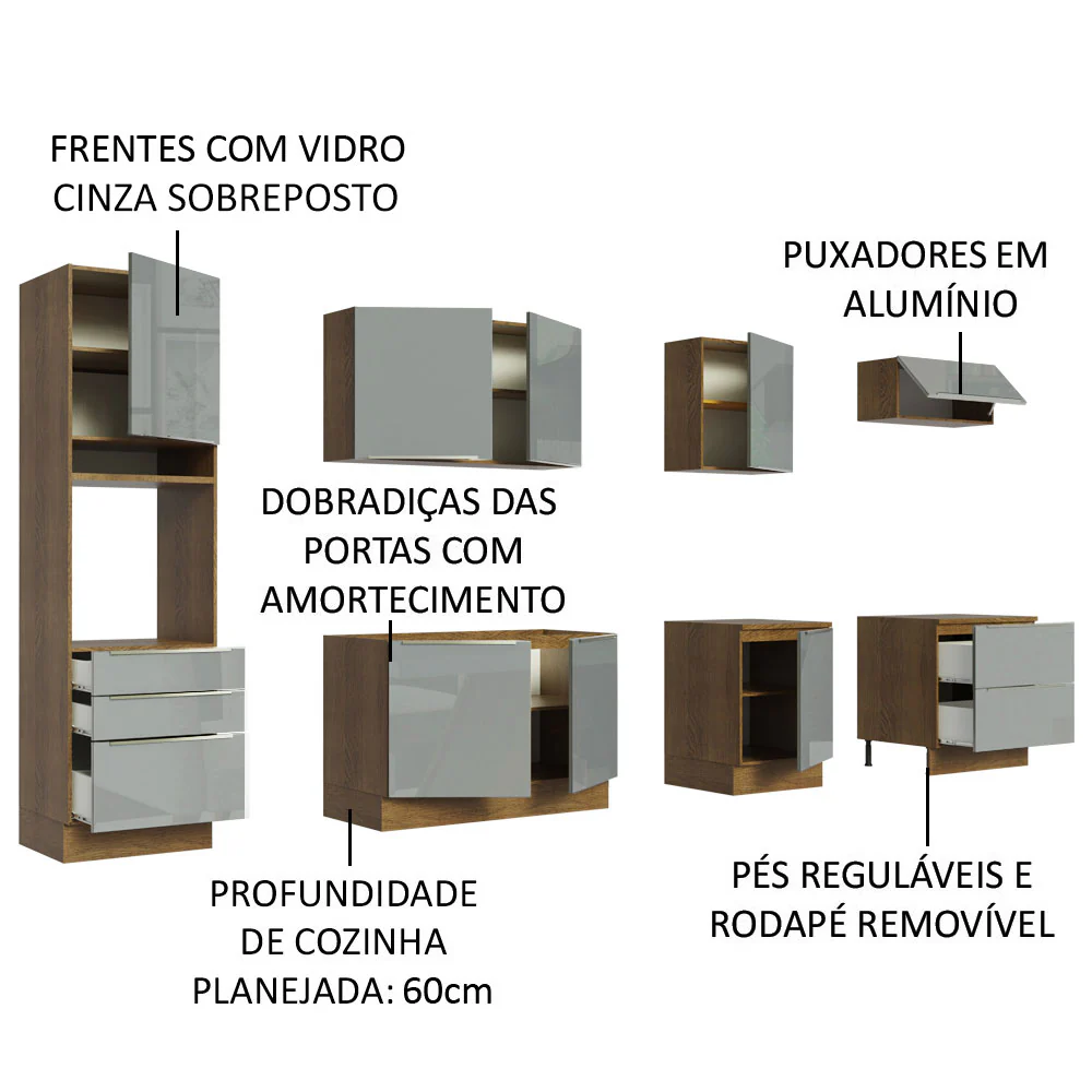 Armário de Cozinha Planejada 320 x 60 cm Rustic/Cinza Lux Madesa 04 - Image 4