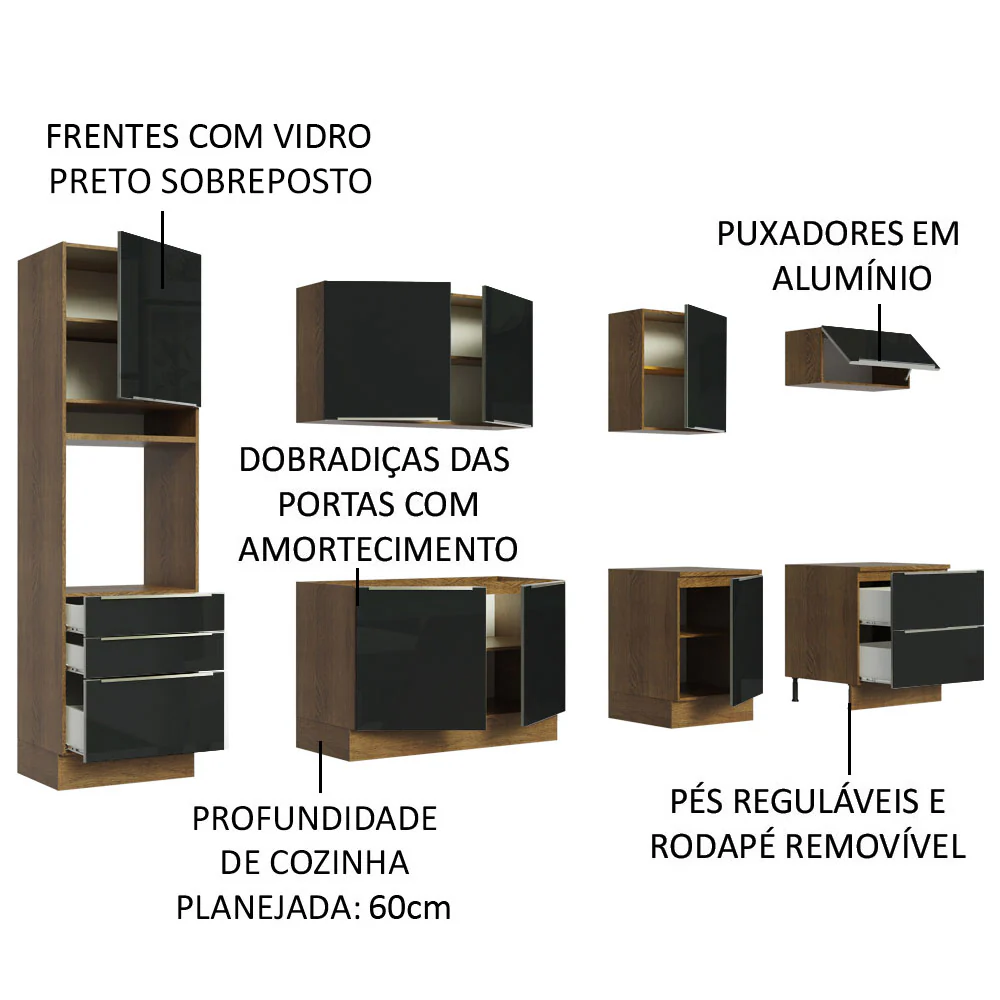 Armário de Cozinha Planejada 320 x 60 cm Rustic/Preto Lux Madesa 04 - Image 4